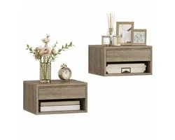 ByRoos Table de chevet - Meuble de chambre - Table de chevet suspendue - Meuble mural suspendu - Lot de deux tables de chevet - Lot de 2 - Meuble mural - Tables de chevet suspendues - Aspect bois