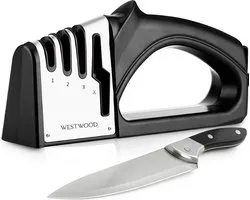 Westwood 4-in-1 Professionele Messenslijper – Anti Slip Knife Sharpener – Doortrekslijper – Aanzetstaal – Schaarslijper en 3-Traps Messen Slijper in één – RVS