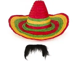 Ensemble de costumes de carnaval - Chapeau sombrero mexicain avec moustache autocollante - coloré - homme