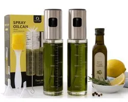 Quantara Olijfolie Sprayer Set van 2 - Olie Sprayer - Oliefles - Navulbare Oliespray voor Airfryer, BBQ & Salades - Oliespuiter met Maatverdeling - RVS 304 & Borosilicaatglas - 200ml - Transparant / Zilver