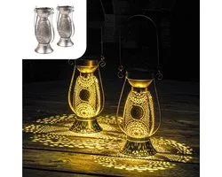 Gadgy Solar Oriental Garden Lantern - Set de 2 - métal - Eclairage Solar de jardin à énergie solaire - Eclairage extérieur LED avec capteur jour / nuit - Lampe de table / Lampe suspendue / Lanterne de jardin - 21 x Ø11,5 cm