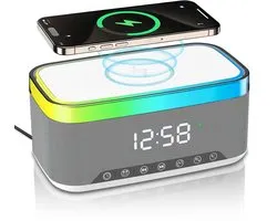 Namajunas - 5-en-1 Wireless LED Speaker - Sans fil - Bluetooth Speaker - 6 lampes Ambient - Horloge numérique, écran LED - Boîte musicale sans fil - Chargeur sans fil - Wireless charger - Chargeur GSM - pour iPhone/Android/iPad/Samsung - Cadeau