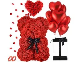 RX Goods® Rode Rozen Beer in Luxe Geschenkdoos met Liefdes Ballonnen & Rozenblaadjes