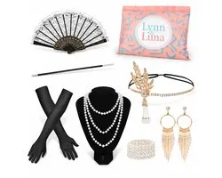 Lynn Luna Jaren 20 Accessoires Dames – 7-delige Gatsby Set – Charleston Roaring 20s Verkleedkleren Dames – Maffia Twenties Feest Verkleedkleding Set- Gangster Gala