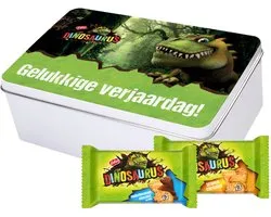Coffret de collection Lotus Dinosaurus - "Joyeux anniversaire !" - boîte à biscuits avec biscuits Lotus Dinosaurus - biscuit naturel et biscuit au chocolat - biscuits pour enfants - cadeau d'anniversaire - 401g
