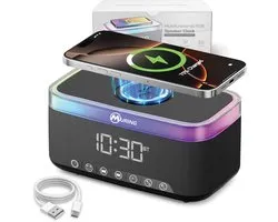 Muring Digitale Wekkerradio – Digitale Klok Slaapkamer – 15 W Draadloos opladen - Speaker met bluetooth - 13 Lichtstanden - Lichtwekker – Wekker voor kinderen & volwassenen – Netstroom – Alarmklok – Zwart