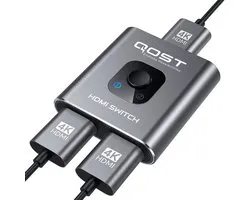 Qost - Bi-Directional HDMI Switch - HDMI Splitter - 4k / 60Hz - HDMI Switch 2 Poorts - 2 In 1 Uit / 1 in 2 uit - Aluminium - Spacegrey