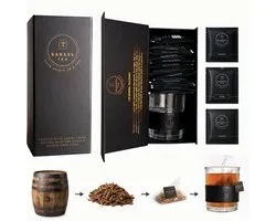 Barrel-Tea® Bottlebox Gift Set – Vaderdag Cadeau voor Mannen – 12 Theezakjes van Whisky-, Rum- en Cognacvaten – Alcoholvrij Cadeaupakket met Glas
