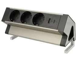 Design Light Deskbox - Bureau stekkerdoos met3 Stopcontact - USB-A & USB-C splitter - Verdeelstekker horizontaal IP20 - Verdeeldoos met snoer - 21.5x8.1x7.5 CM -Zilver