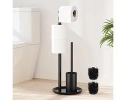 RVS Toilettenpapierhouder Staand - Complete Toiletset met Borstel - Zwart Mat