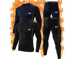 MEETHOO 4 Stuks/2 Sets Thermo Ondergoed Set voor Heren - Thermokleding Set - Thermobroek + Thermoshirt - Wintersport kleding - onderkleding-Zwart/Blauw-XL