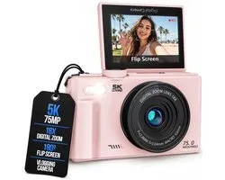 Strex Digitale Camera 5K 75MP - Fototoestel - Compactcamera met Wifi - Vlog Camera - Fotocamera voor Kinderen - 18x Zoom - Draaibaar Scherm - Roze