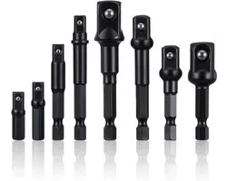 8-delige vierkante impact socket adapter set, 1/4", 3/8" en 1/2" aandrijving, voor hex impact driver en automotive klussen, ideaal voor verlengstukken en moeraanzetters