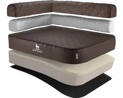 Panier orthopédique d'angle pour chien Knuffelwuff Winslow en cuir synthétique matelassé au laser surdimensionné XXXL 140 x 100 cm accoudoir gauche marron