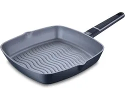 MasterPRO Indigo Frying Pan with Grill Grate, 28 cm Silk and 5.5 cm Height, Cast Aluminium, Maximum Non-Stick Coating, Soft-Touch Handle, for All Heat Sources