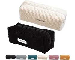 Pack of 2 Corduroy Pencil Case - Plain Large Capacity Stationery Bag with Zipper - Stationery for Boys and Girls - Wit + Zwart - Pennenzak voor School