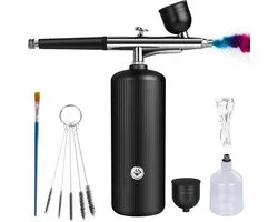 Draadloze Airbrush Set met Compressor - Oplaadbare Draagbare Airbrush - Hoge Druk en Fijne Verneveling - Dual Action Bediening - Inclusief Nozzles en Reinigingsborstel - Zwart