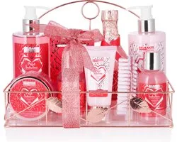 BRUBAKER Cosmetics 10-Delig Bad en Douche Set Framboos Champagne - Cadeautip Vrouw - Cadeau Idee - Verzorgingsset Geschenkset in Metalen Mandje Rosé Goud - Cadeau - Moederdag Cadeautje