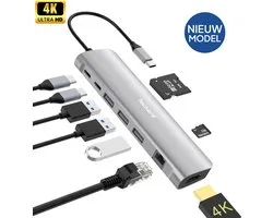 Techard USB-C-Hub 9-in-1 Docking Station USB Splitter Laptop - 4K HDMI - USB-A - USB-C 100W - Ethernet - (Micro) SD - 2026 Model