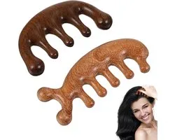 Peigne de massage Gua Sha - 2 pièces en bois de santal - Peigne de massage de la tête à dents larges - Peigne en bois naturel pour acupression - Relaxation et soin des cheveux (marron)