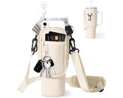 Waterfleshouder geschikt voor - stanley thermosfles stanley beker stanley drinkfles 40 oz - Draagtas - Bekerhouder - stanley cup accessoires - Schoudertas - Telefoonhouder - Beige