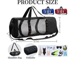Sac de plage en maille avec Zipper et bandoulière réglable pour plongée, surf, snorkeling, voyage , Fitness, camping, natation, gym, équipement, ballons, 58,4 x 28 cm