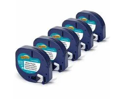5 stuks Plastic Labels 91201 geschikt voor Dymo LetraTag Labelprinter - Zwart op Wit - 12 mm x 4 m - S0721610 Labeltape - Dappaz