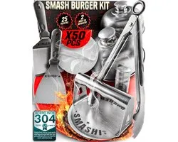 SnelShoppen - Smash Burger Kit Compleet - RVS 304 Smasher, 2 Spatels, 2 Lichten, Burgerpers, Kruidrek, Tangen, Professionele Set voor Thuis, Barbecue,