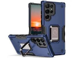 Smartphonica Rugged Armour case voor Samsung Galaxy S21 Ultra met verstelbare ringhouder - Blauw geschikt voor Samsung Galaxy S21 Ultra