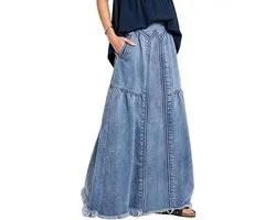 Ebossy Casual elastische taille gerafelde zoom A-lijn distressed hippie lange maxi denim rok voor dames