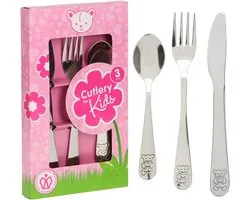 Excellent Houseware Kinder Bestekset Beer - 2x - boîte rose - cadeau de naissance - 3-delig - zilver - RVS - couverts pour enfants