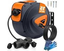 Bakaji Shucko-enrouleur de câble électrique avec câble, fixation murale, système de verrouillage automatique, enrouleur de tuyau peu encombrant, rallonge électrique professionnelle et bricolage (15 m, 3