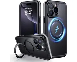 Geschikt voor Apple iPhone 16 Pro - Ringsteun- IP68 Waterproof - Stofdicht - Versterkte Schermbeveiliging - Back Cover Hoesje - Zwart