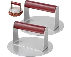 Set van 2 RVS Burger Pressen met Beukenhouten Handvat, 16 cm Diameter, Perfect voor Thuis en Restaurant, Ideaal voor Smash Burgers en Grillen