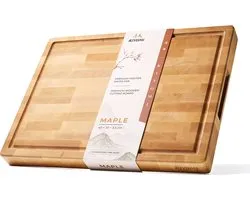 Kiyomi Planche à Découper en Bois d'Érable – Billot Professionnel en Bois de Bout (End Grain) avec Rigole à Jus, Poignées & Anti-dérapant – 40 x 30 x 3,5 cm