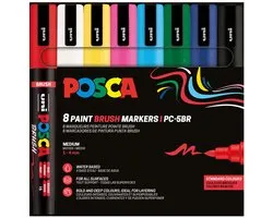 POSCA PC5BR, 8 Marqueurs peinture Brush base eau - Tout Support Uni Mitsubishi Pencil - Pointe semi-flexible moyenne 1,0-4,0mm. Couleurs couvrantes, permanentes sur surfaces poreuses