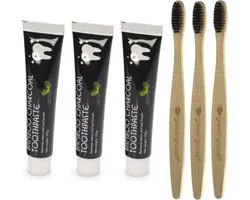 3X Charcoal Mint Tandpasta - 3x Bamboe Tandenborstel - Witte Tanden - Houtskool Tand Bleker - Charcoal Toothpaste - Teeth Whitening - Charcaol Tandpasta Whitening - Frisse Adem - Bamboe Tandsteen verwijderaar - Wittere Tandjes - Bamboo Tandbleek