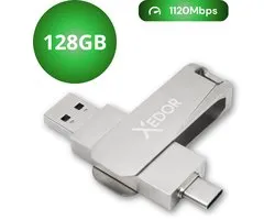 Xedor® Base - USB Stick - 128 GB - 1120Mbps - USB C en A - iPhone en Android - Zilver