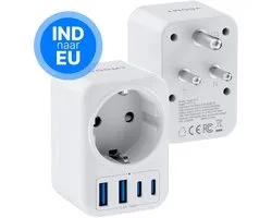 Voomy Reisstekker Type D - 2x Usb-C & 2x Usb-A - Wereldstekker geschikt voor India, Sri Lanka, Pakistan, Nepal - Wit