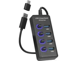 Nuvance Usb Hub - 3.0 – 4 Poorten - Usb Splitter – USB C Hub/Adapter - Universeel - Aan/Uit Switch - met Licht - Zwart
