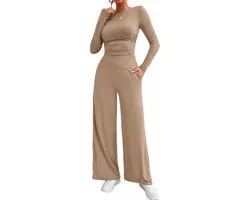 Modieuze kleding set - Dames - Beige/Bruin - Baggy Broek en Slim-fit Top