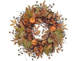 Luxe Herfstkrans voor Voordeur (45 cm) - Met Pompoenen, Nep Dennenappels & Eucalyptus - Decoratie voor Halloween & Thanksgiving