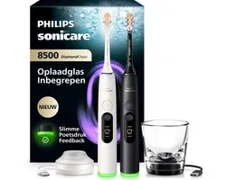 Philips Sonicare Next-Generation DiamondClean 8500 Duo Pack Elektrische Tandenborstels – met Smart Pressure Feedback en 18 Poetsinstellingen, Wit & Zwart, HX8596/21