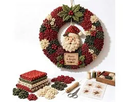 DIY kerstkrans kit - 3D Stoffen Kerstkrans DIY Pakket - Diameter van 30 cm - DIY Patchwork Set - 3D stoffen poke krans kit - Kerstkrans - Ontspannend - DIY Handwerkset - voor Volwassenen en Beginners en Handwerkliefhebbers - Kerstman