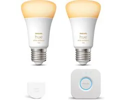 Philips Hue Starterspakket - E27 - met 2 Standaard Lampen - Warm tot Koelwit Licht - Incl. 1 Hue Bridge, 1 Hue Wall Switch - Hue White Ambiance