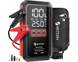 Siltcon® 12V 5-in-1 Jumpstarter voor Auto met Compressor - 4000A / 24.000 mAh Powerbank - Startkabels - 22.5W Snellader USB C - Bandenpomp Tot 10.8 Bar 35l/min - LED Zaklamp - SOS Noodlicht - Noodpakket - Alle Voertuigen - Booster - Incl. Opberghoes