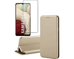 Samsung A12 Hoesje en Samsung A12 Screenprotector - Samsung Galaxy A12 Hoesje - Samsung A12 Hoesje Book Case Kunstleer Wallet Cover Hoes Goud + Samsung A12 Screen Protector Glas