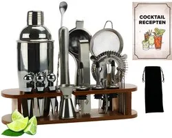 KitchenBrothers Cocktail Set - 25 delig - Inclusief Cocktail Shaker (750ml) - Compleet voor Cocktailbar - Donkerbruin/Bamboe - Cocktailset - BPA-Vrij - Met Receptenboekje - Cadeauverpakking