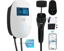 Puluomis - Wallbox EV Charger 11 kW - Smartcharge borne de recharge Met app - câble de 7 mètres - Type 2 - 3-phase - 6–16A réglable - Wit