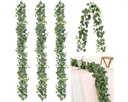 4-delige eucalyptus slinger ranken kunstmatige eucalyptus slinger hangende groene eucalyptus bladdrank met witte bloemen geschikt voor bruiloft achtergrond bogen grijsgroen (180 cm)